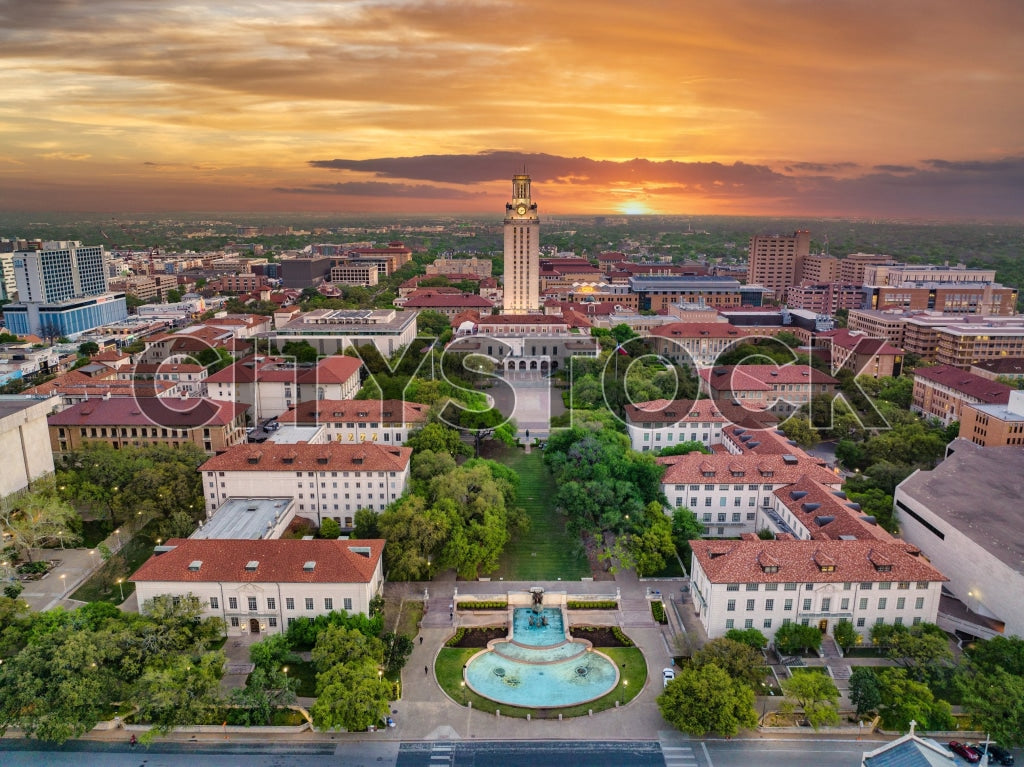 Aerial View of University of Texas Tower and Texas State Capitol at Sunrise in Austin