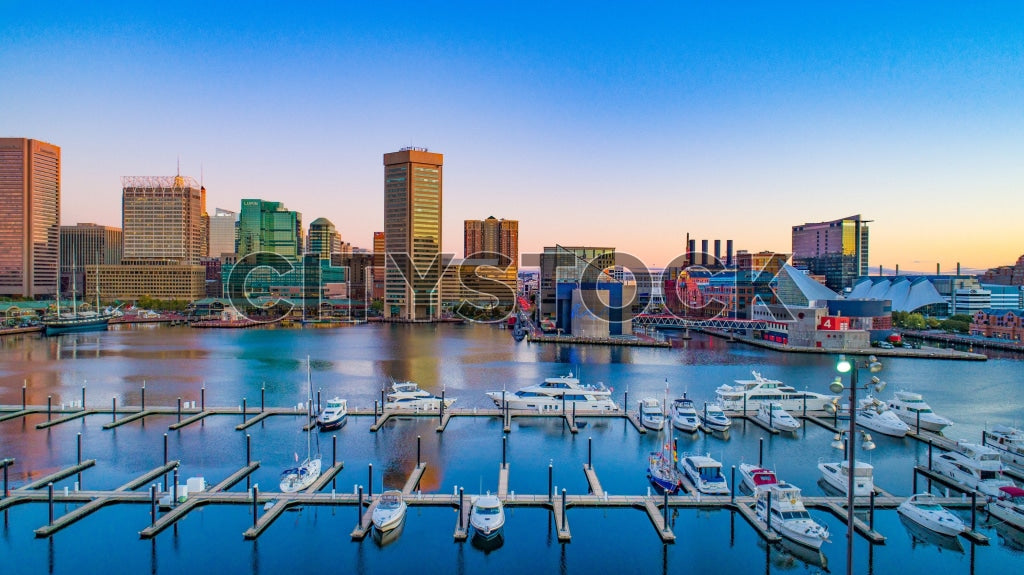 Baltimore Marina Cityscape with Sunrise and Skyline