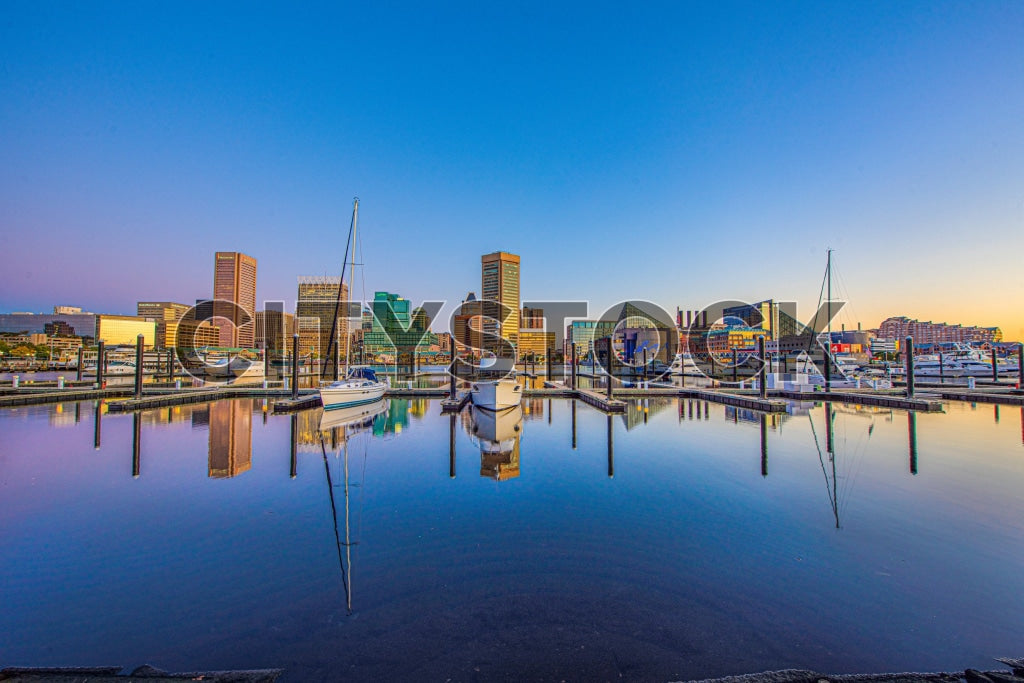 Sunrise at Baltimore Marina with Sailboats and City Skyline