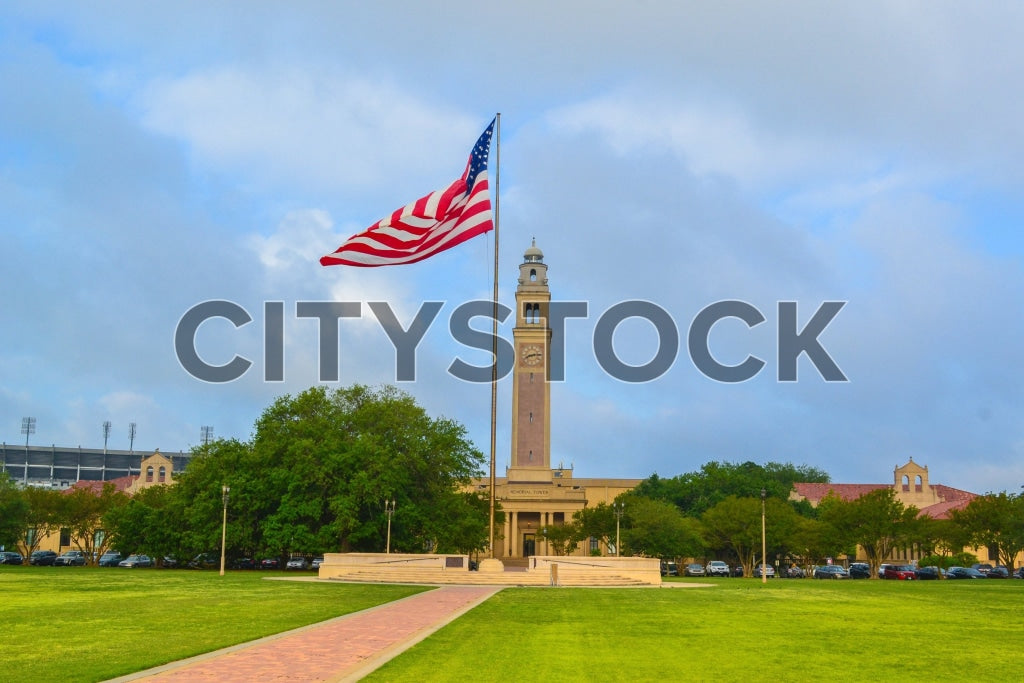 American flag waving at Baton Rouge capitol grounds under blue sky