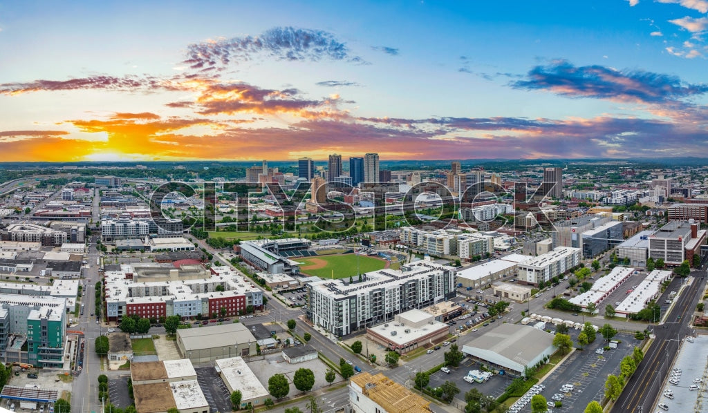 Aerial view of Birmingham at sunrise with urban landscape