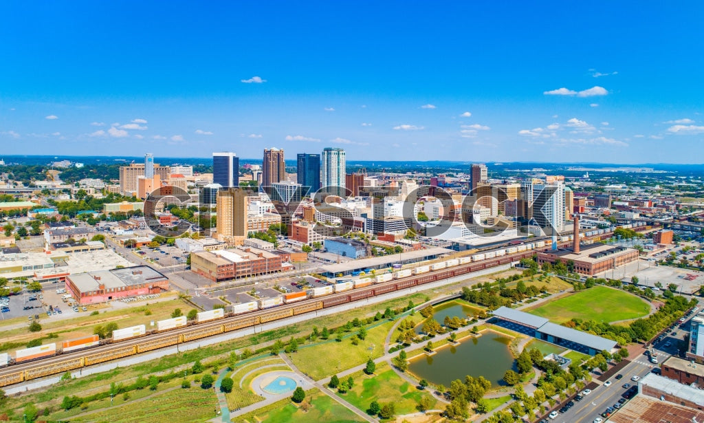 Aerial view of Birmingham, Alabama downtown skyline and parks