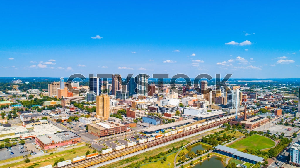 Aerial view of Birmingham city skyline showing buildings and roads