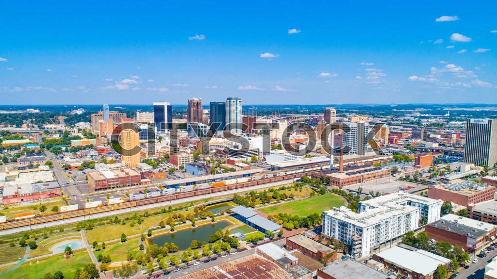 Aerial view of Birmingham, Alabama cityscape on sunny day