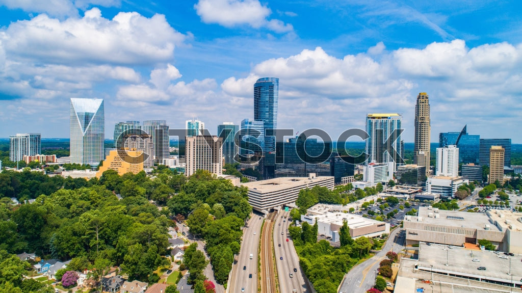 Aerial view of Buckhead, Atlanta skyline with modern buildings and blue sky