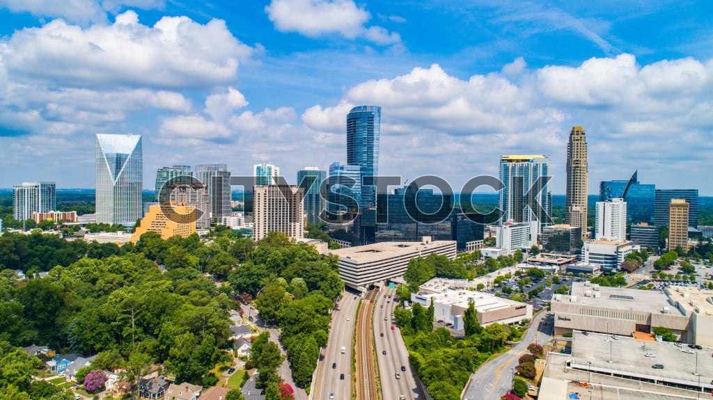 Aerial view of Buckhead, Atlanta skyline with modern buildings and blue sky