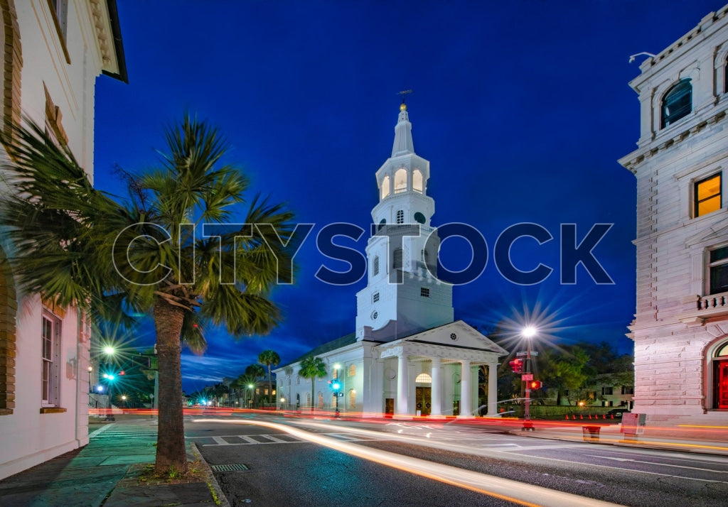 Historic Charleston church at twilight with long exposure traffic lights