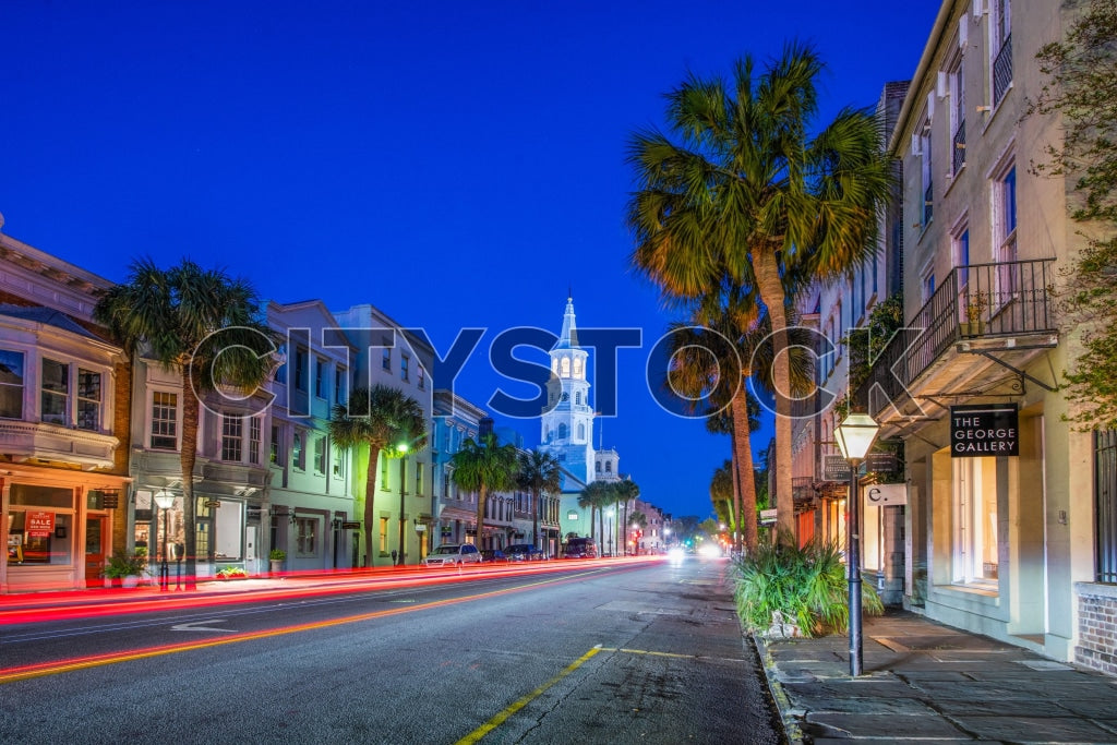 Twilight view of Charleston historic district with vibrant light trails