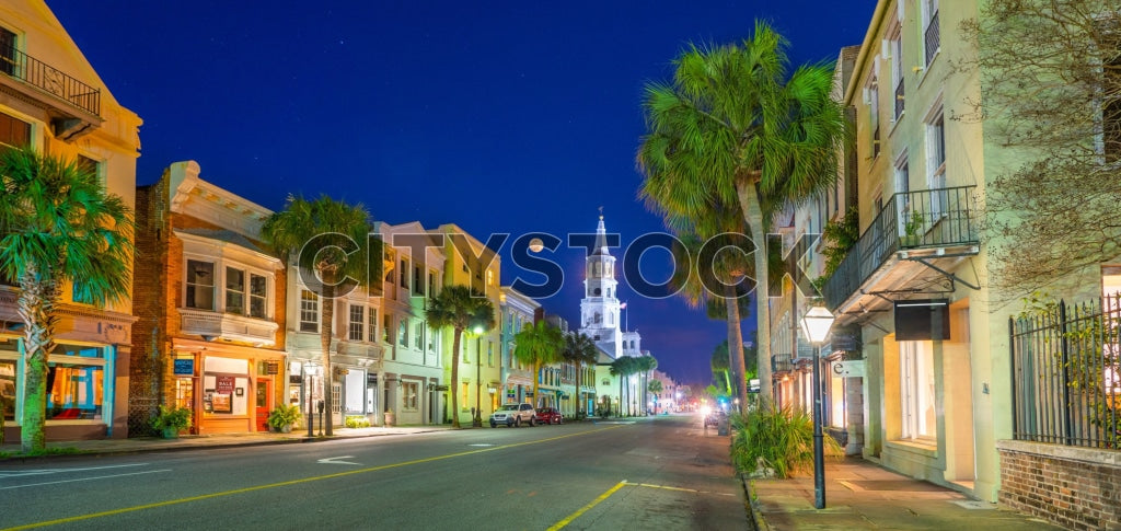 Dusk view of historic Charleston street with St. Michael's Church