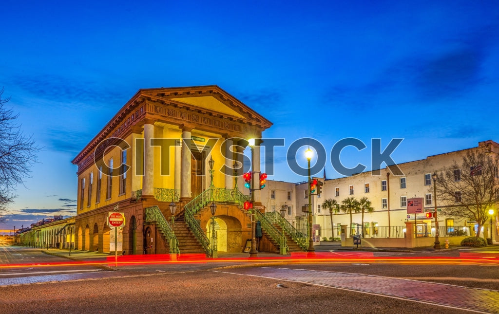 Market Hall in Charleston at Twilight with Vibrant Street Lights