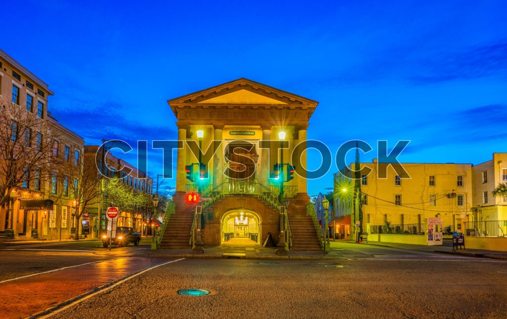 Charleston historic City Market at sunrise with blue skies