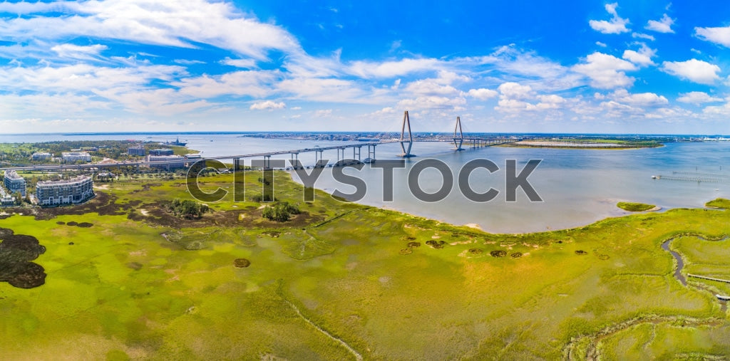 Aerial view of Charleston, SC showing cable-stayed bridge and coastline