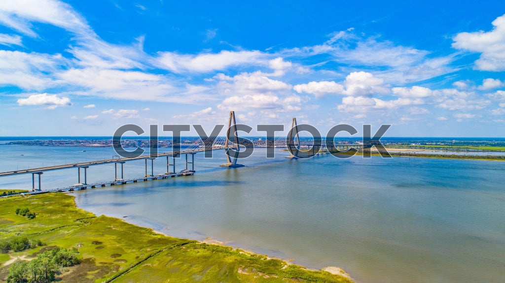 Aerial view of Arthur Ravenel Jr. Bridge over Cooper River, Charleston, SC