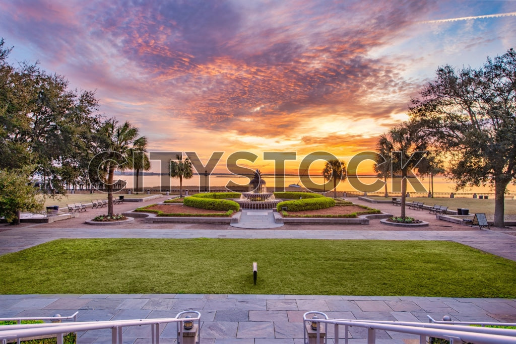 Charleston Waterfront Park at sunset with ocean view