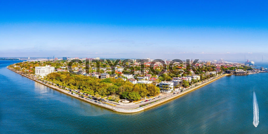 Aerial view of Charleston waterfront, SC showing White Point Garden