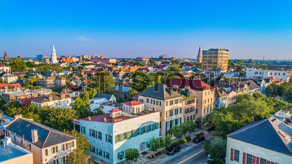 Aerial view of Charleston, SC historic downtown under blue sky