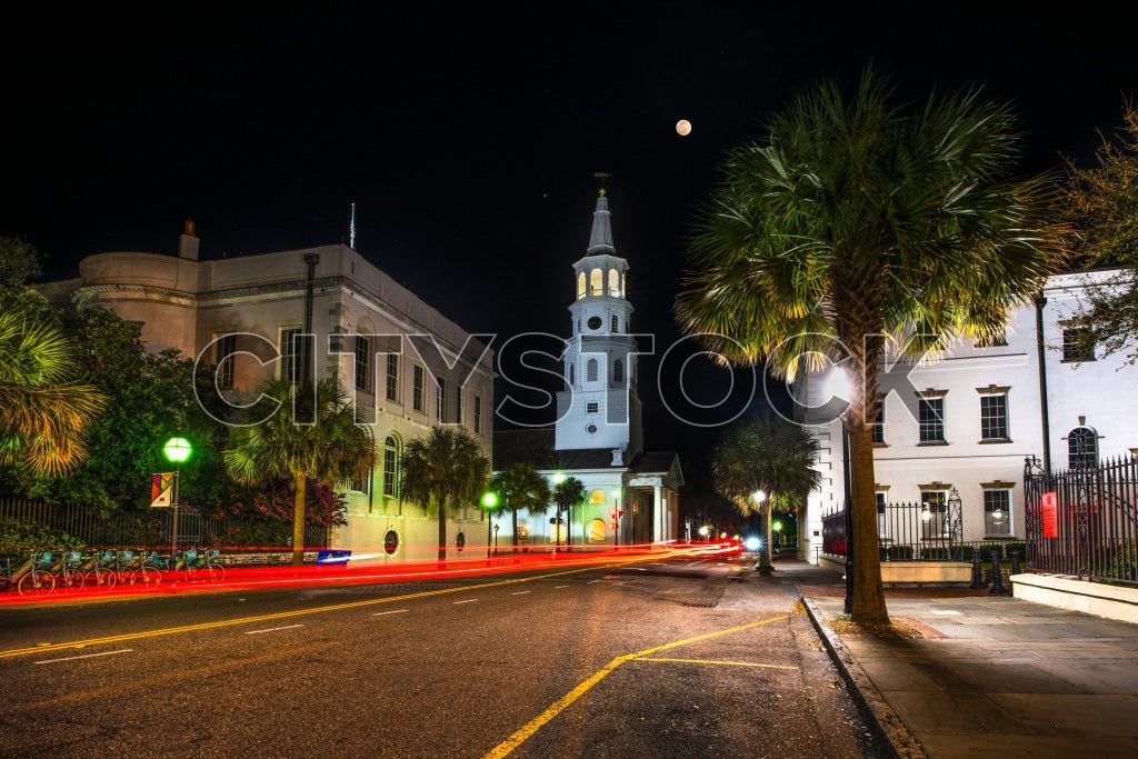Charleston historic district at night with street light trails and moon