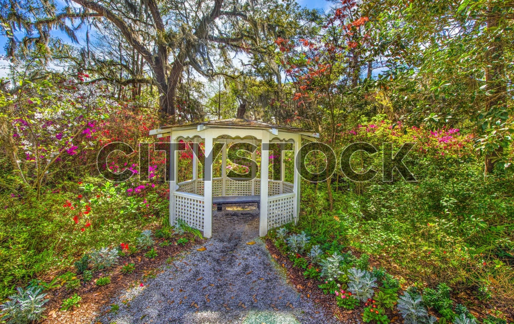 Picturesque gazebo surrounded by vibrant flowers in Charleston