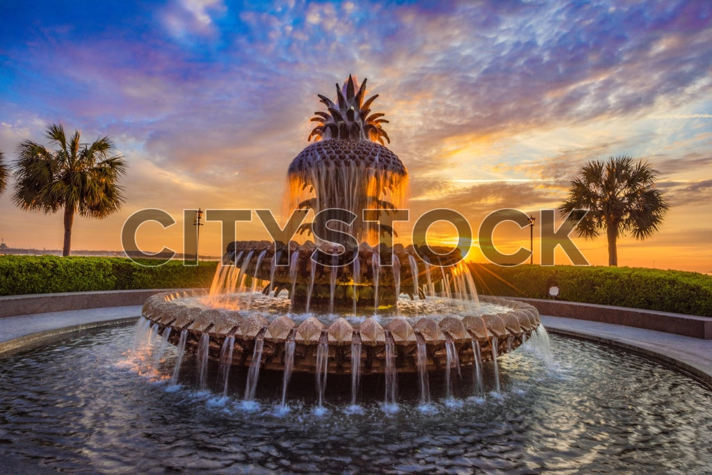 Stunning sunset view of Pineapple Fountain in Charleston, SC