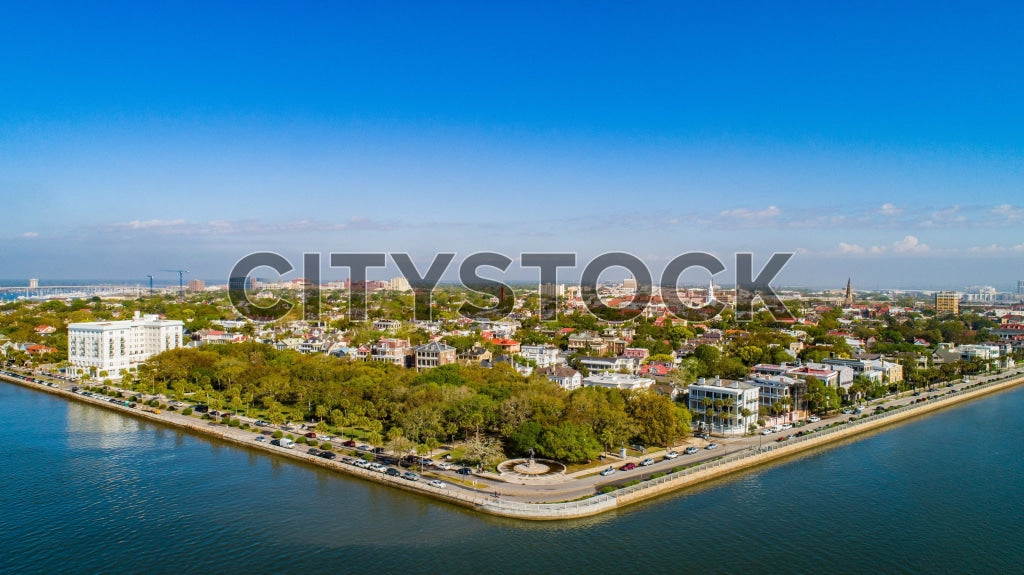 Aerial view of Charleston SC skyline and waterfront