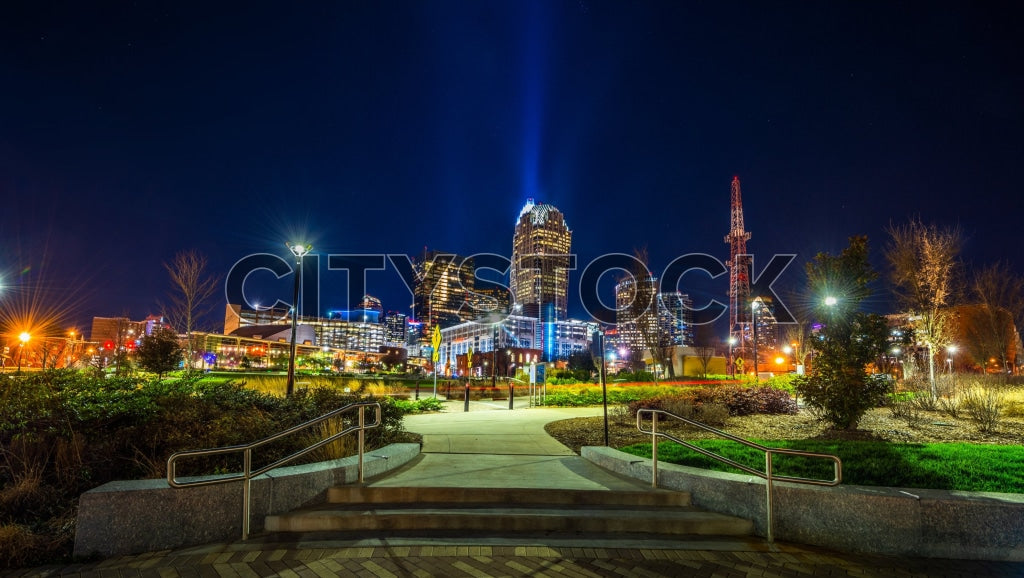 Charlotte skyline at night with luminous city lights