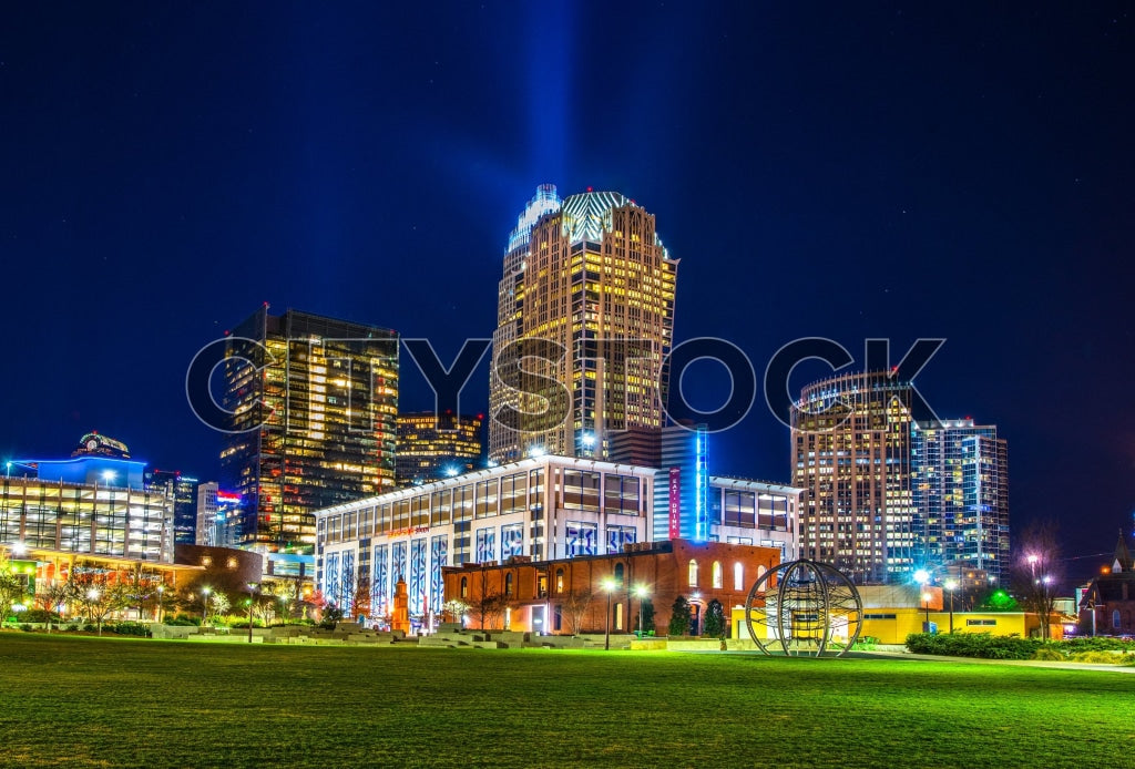 Nighttime skyline of Charlotte, North Carolina with vibrant lights