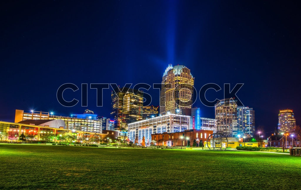 Charlotte skyline at night with visible Bank of America Corporate Center and Duke Energy Center
