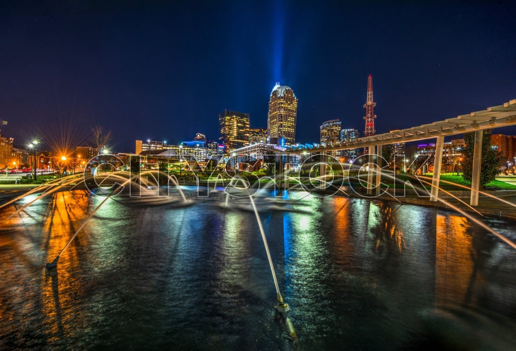 Charlotte NC Skyline and Fountain Illuminated at Night