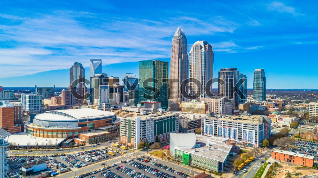 Aerial view of Charlotte NC skyline with Spectrum Center