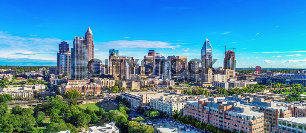 Aerial view of Charlotte NC skyline and urban green park