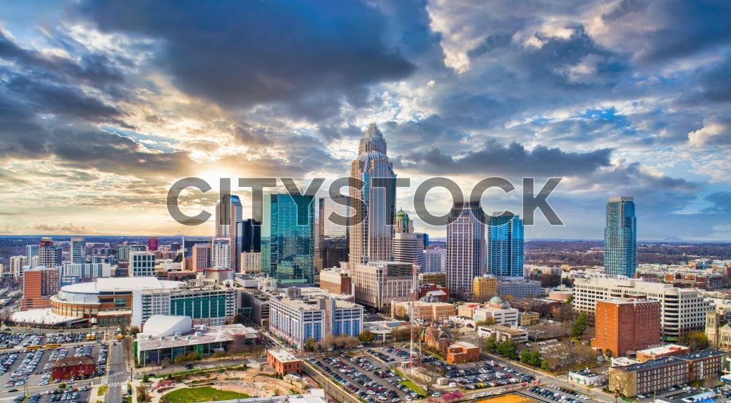 Aerial view of Charlotte, NC skyline at sunrise with prominent buildings