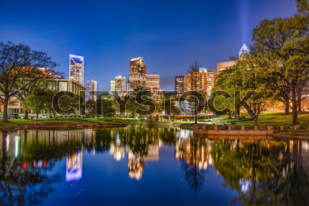 Charlotte NC skyline and reflections at night