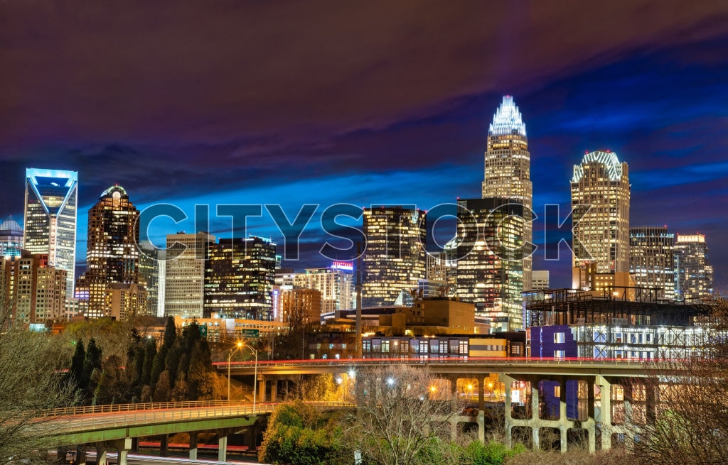 Charlotte skyline illuminated at twilight, North Carolina
