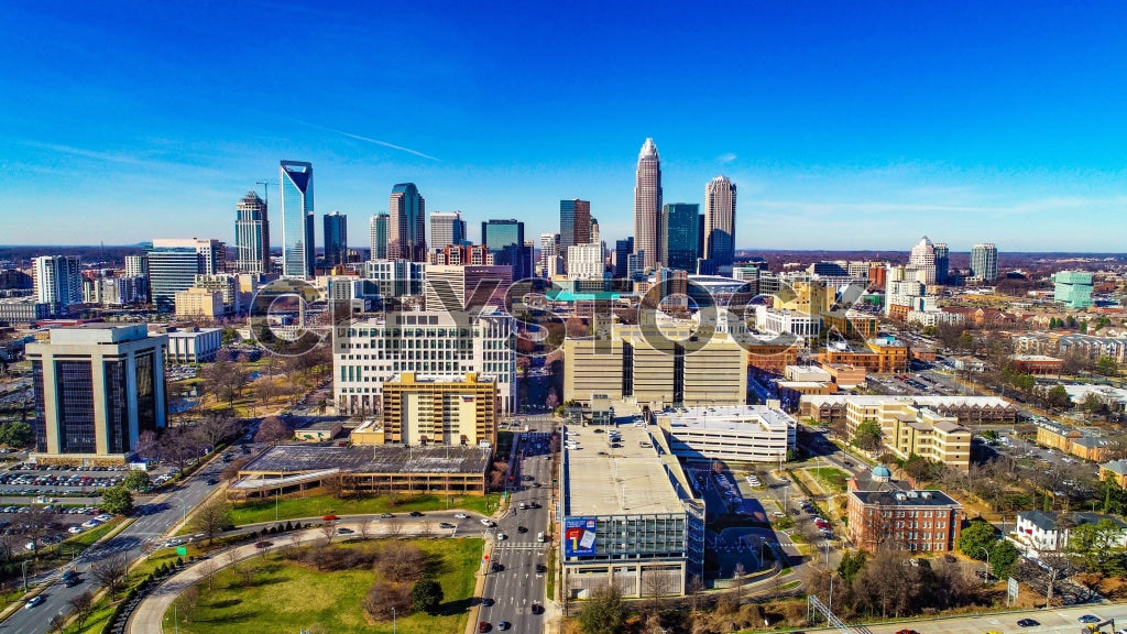 Aerial view of Charlotte NC skyline with modern skyscrapers