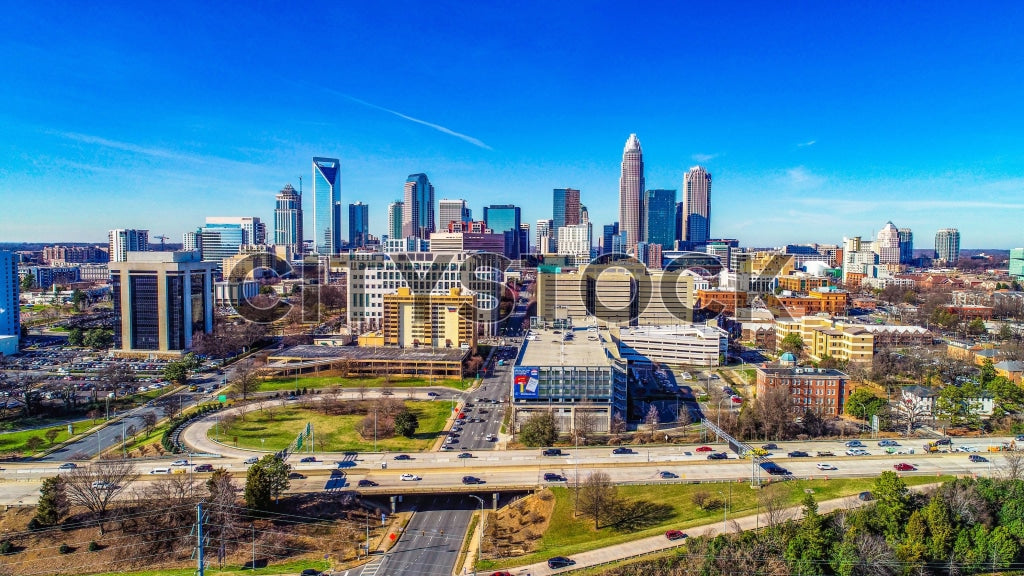 Aerial view of Charlotte NC skyline with clear blue skies
