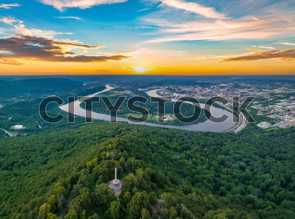 Aerial view of Chattanooga with sunset over Tennessee River