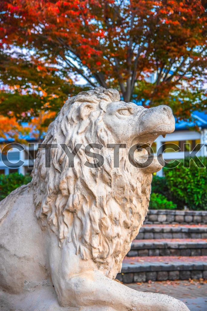 Lion statue with autumn leaves in Chattanooga park