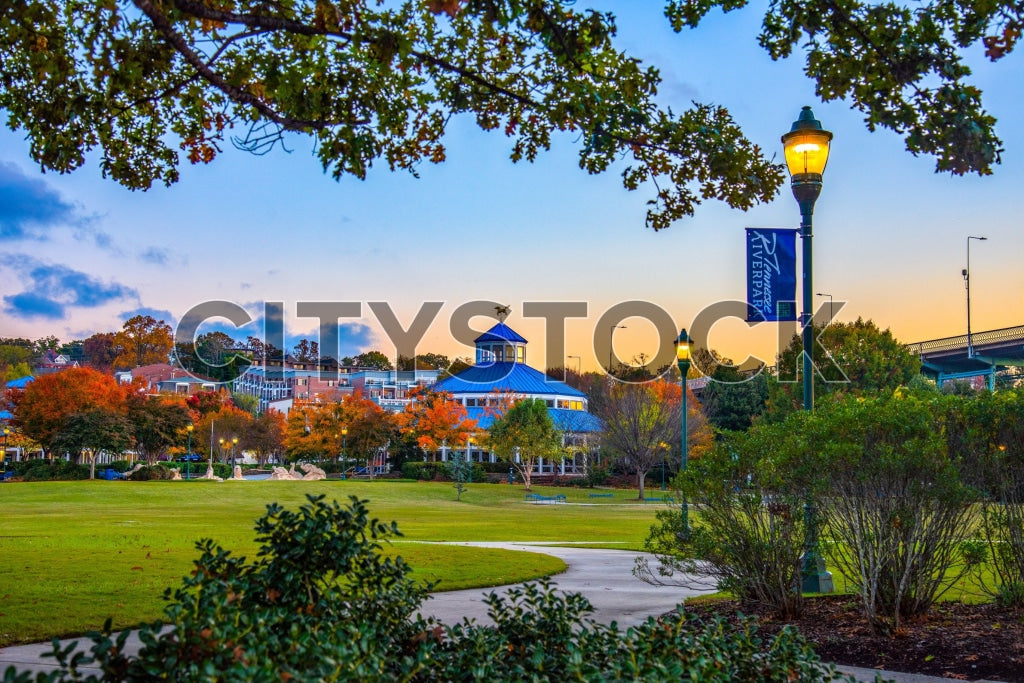 Chattanooga urban park cityscape with autumn trees and sunset