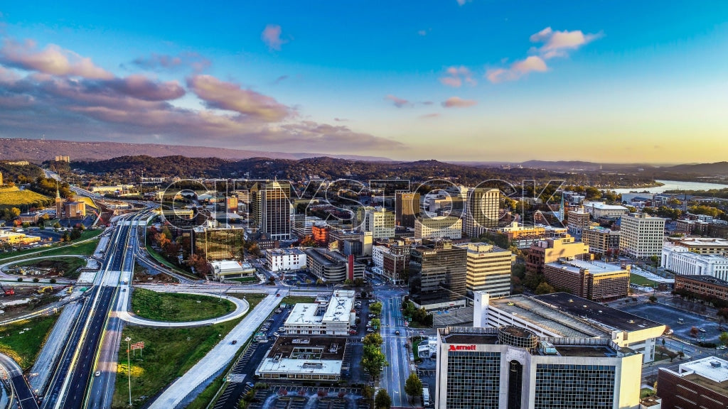 Aerial view of Chattanooga cityscape at sunset, Tennessee
