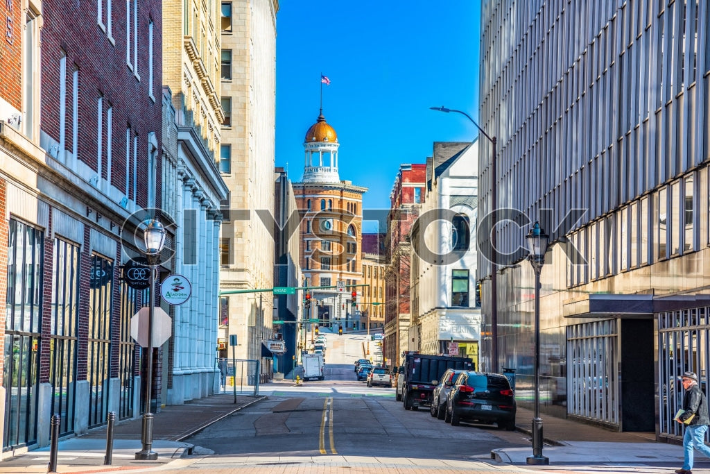Sunny day on a Chattanooga street with historic Dome Building visible