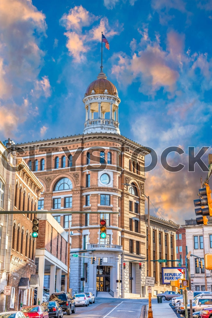 Historic Chattanooga courthouse at sunset with American flag