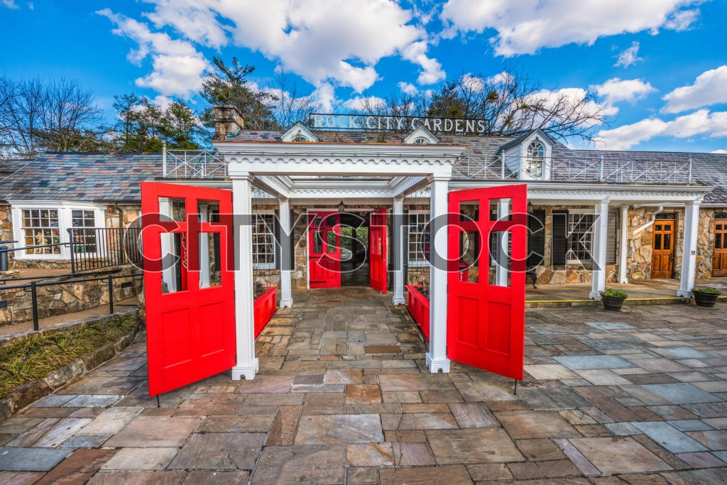 Bright red doors at Rock City Gardens entrance, Chattanooga