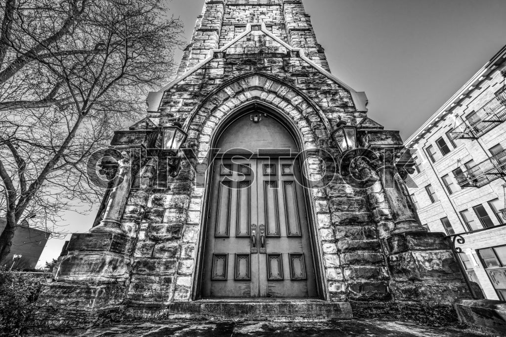 Gothic architecture entrance of historic church in Chattanooga