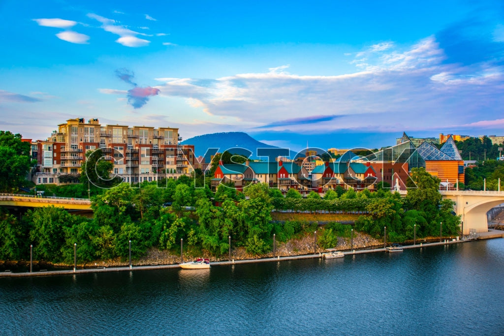 Scenic aerial view of Chattanooga city with river and lush greenery