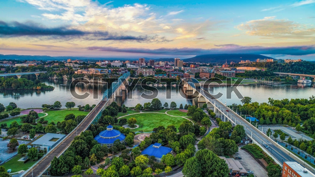 Aerial view of sunrise over Chattanooga skyline and Tennessee River