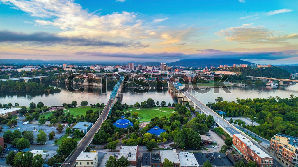 Aerial view of Chattanooga, Tennessee at sunrise with river