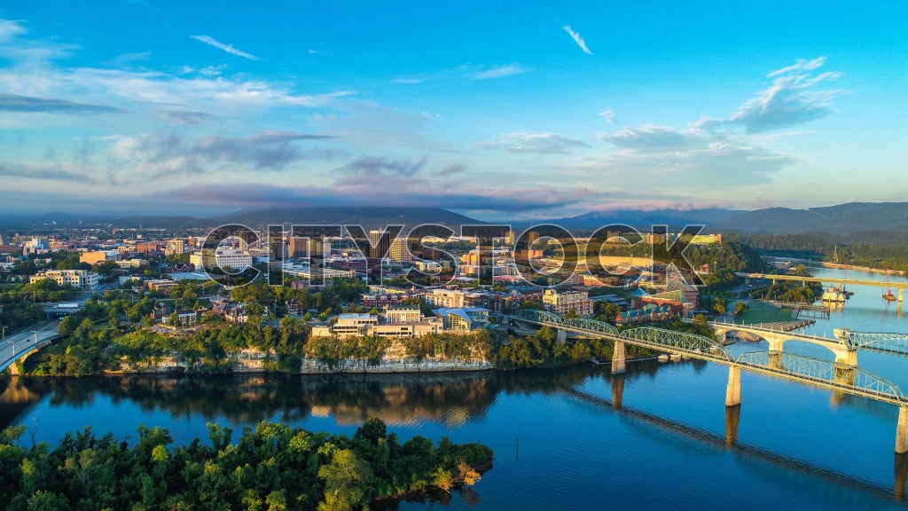 Aerial sunrise view of Chattanooga with river and cityscape