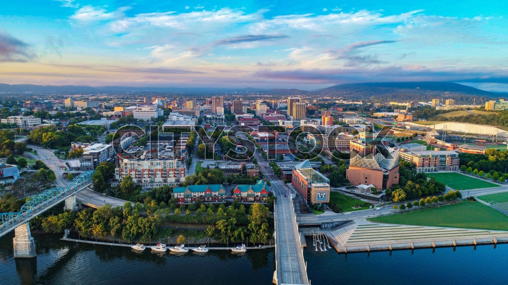 Aerial view of Chattanooga downtown at sunrise showing urban details