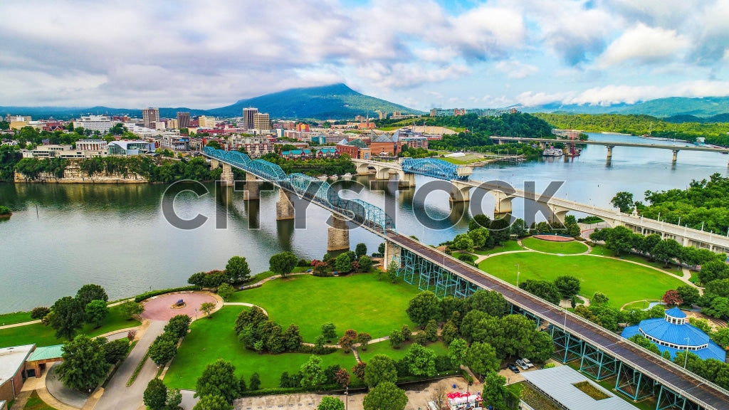 Aerial view of Chattanooga TN with river, bridges, and urban landscape