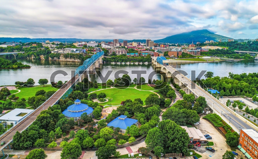 Aerial view of Chattanooga with river and bridges